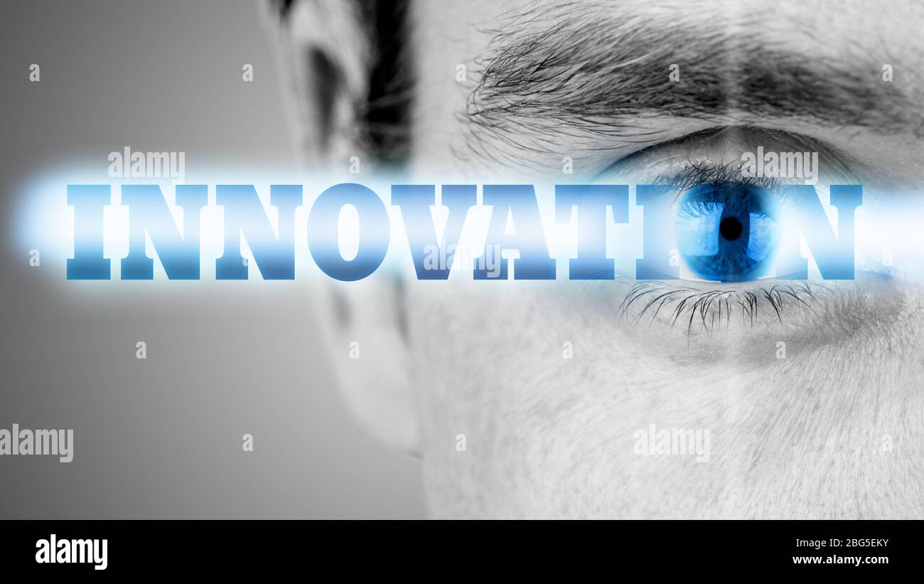 Image futuriste avec mot Innovation utilisant l'oeil humain comme la lettre O. Banque D'Images