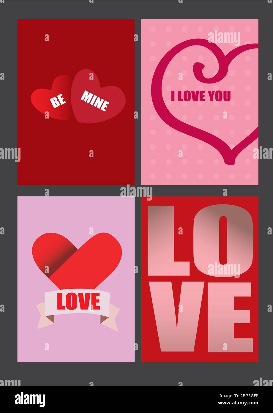 Quatre dessins vectoriels sur le thème de la Saint Valentin pour les cartes de vœux et les affiches Illustration de Vecteur