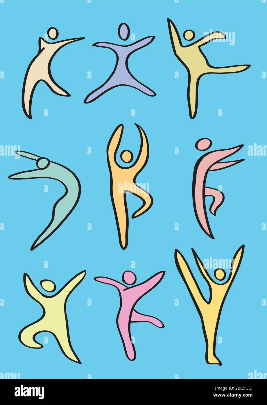 Illustration vectorielle de l'icône stylisée de danseurs faisant des mouvements de danse contemporains. Icône colorée isolée sur fond bleu Illustration de Vecteur