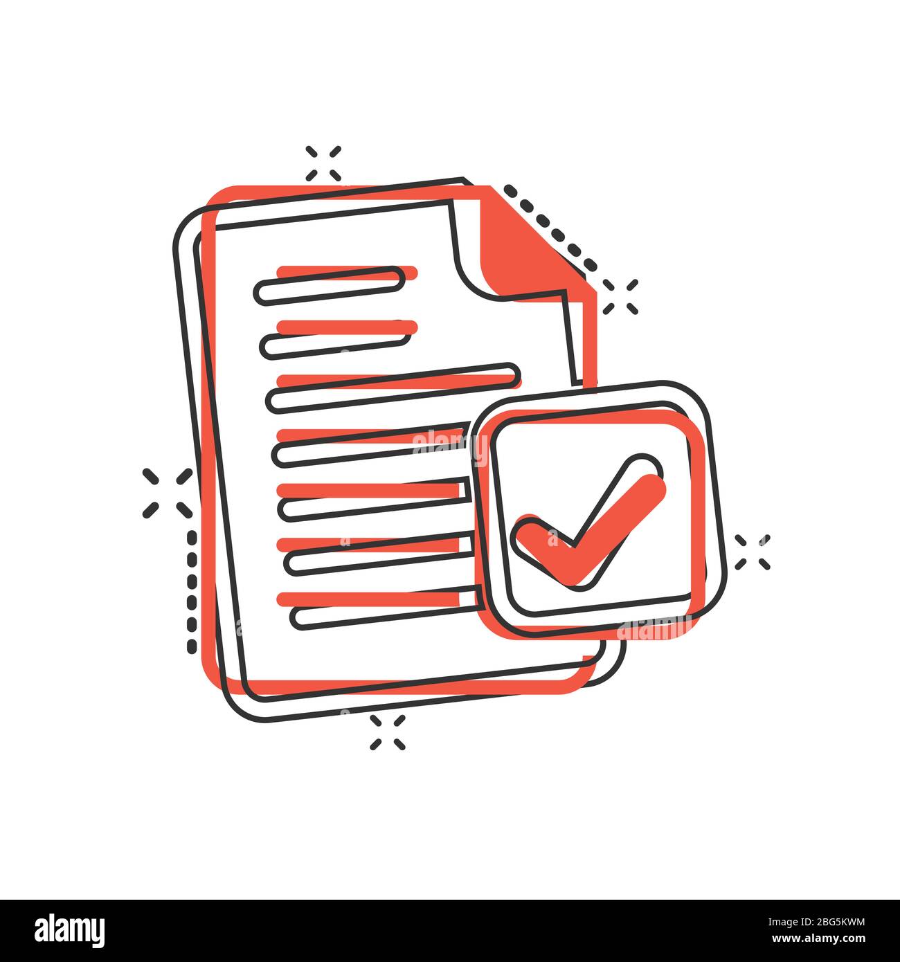 Icône document accepté dans le style comique. Corriger l'illustration vectorielle sur un arrière-plan blanc isolé. Vérifiez le concept commercial effet destruction message. Illustration de Vecteur