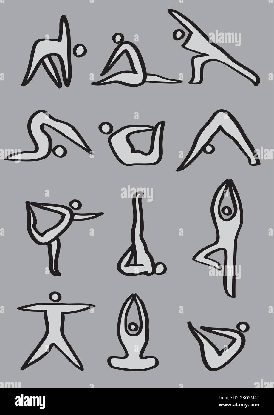Un homme d'icône simple qui montre différentes poses de yoga. Icônes vectorielles isolées sur fond gris Illustration de Vecteur