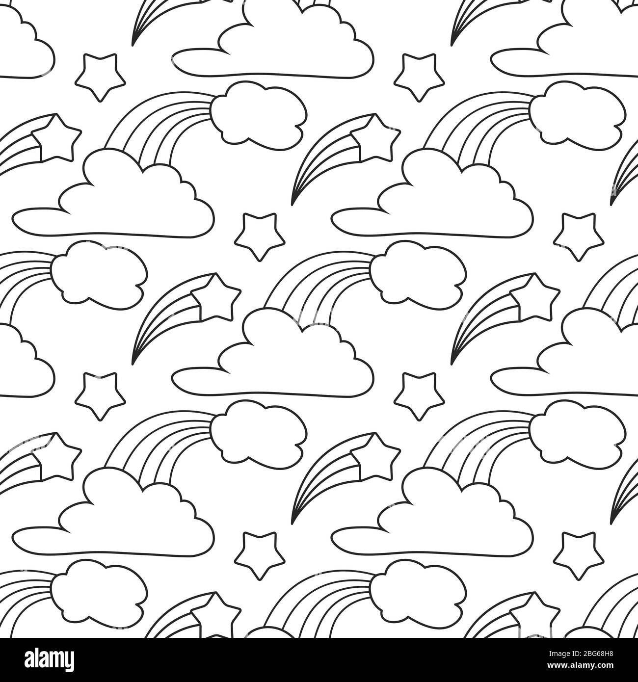 Nuages, étoiles, fond arc-en-ciel sans couture. Motif de dessin animé pour le livre de coloriage pour enfants. Illustration vectorielle Illustration de Vecteur