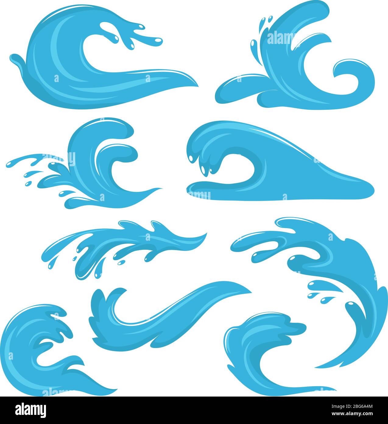 Vagues océaniques bleues, gouttes d'eau et symboles vectoriels éclaboussés sur fond blanc. Illustration de l'océan et de l'eau de mer, des vagues et des éclaboussures Illustration de Vecteur