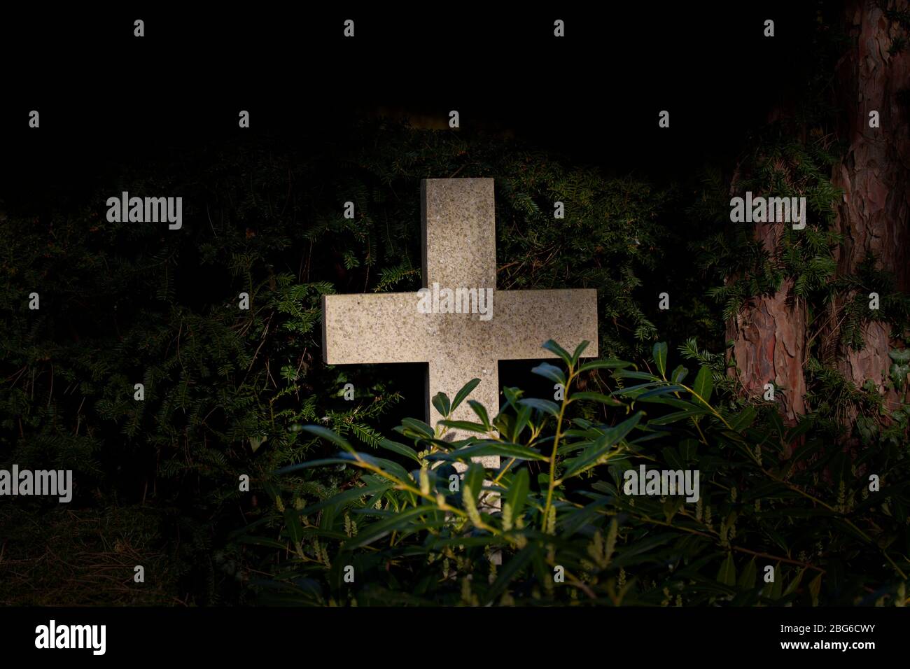 Croix de granit chrétien blanc dans une forêt mystérieuse sombre avec feuillage vert avec espace de copie. Symbole pour le christianisme, la résurrection et Jésus-Christ. Banque D'Images