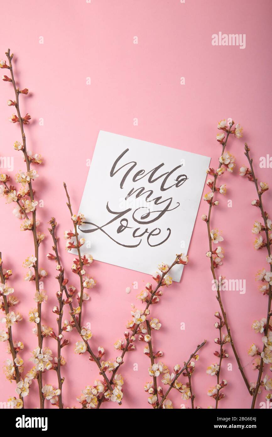 Bonjour mon amour inscription manuscrite. Lettrage dessiné à la main, calligraphie. Carte avec fond brunch arbre de printemps, Saint-Valentin Banque D'Images