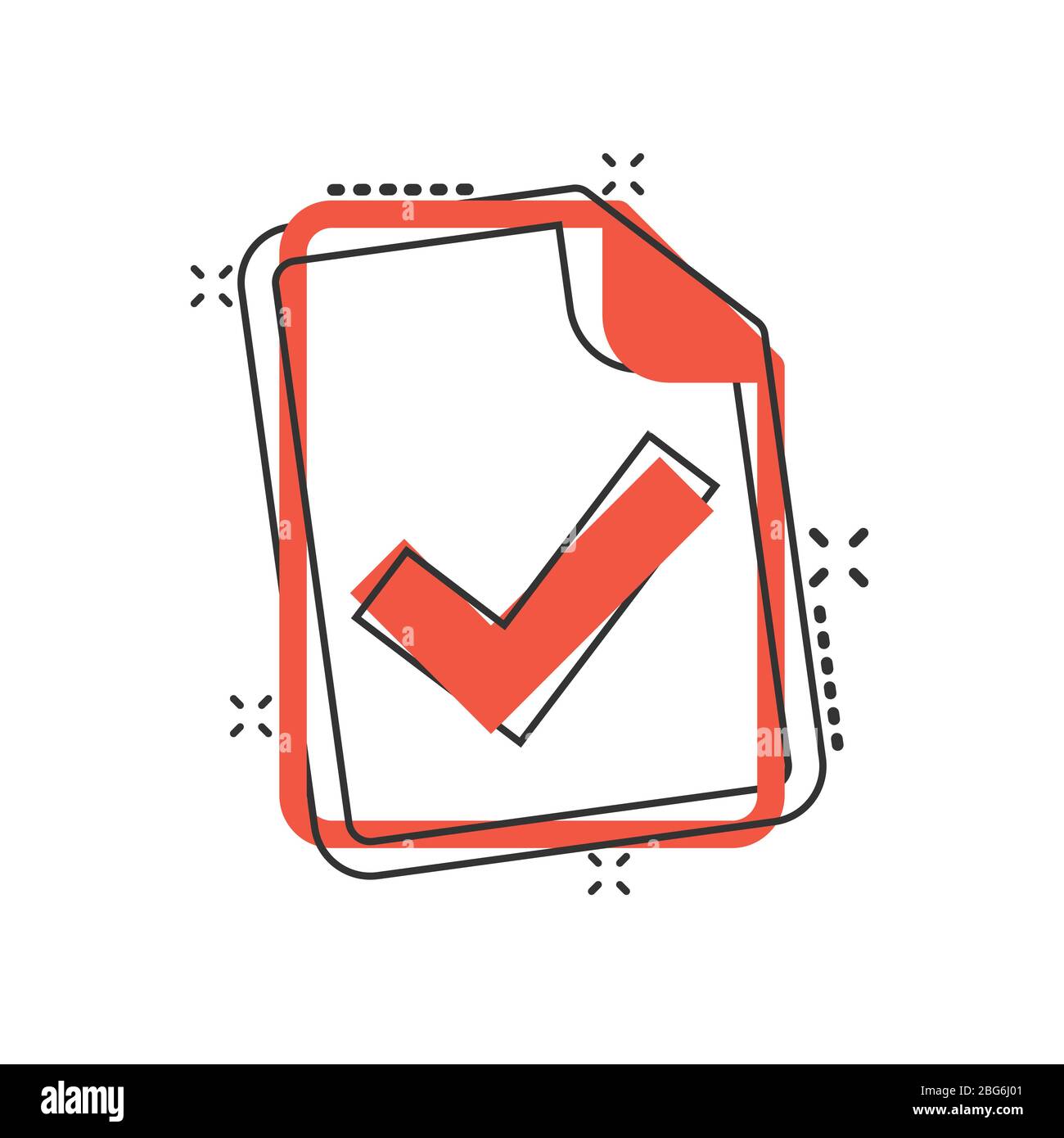 Icône document accepté dans le style comique. Corriger l'illustration vectorielle sur un arrière-plan blanc isolé. Vérifiez le concept commercial effet destruction message. Illustration de Vecteur