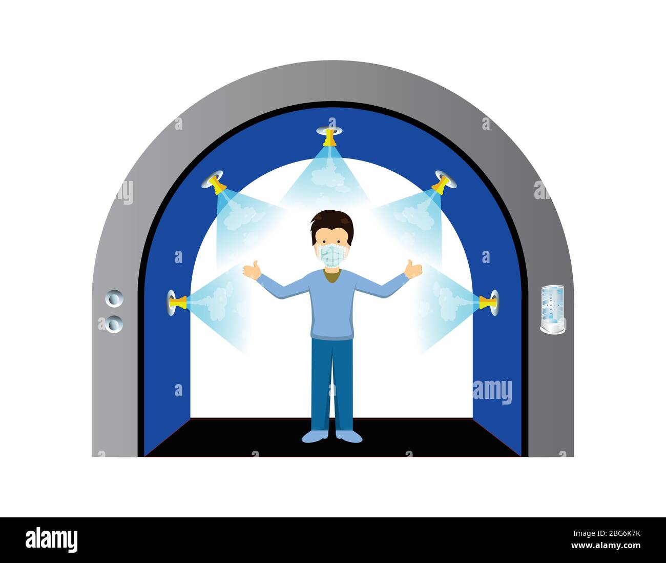 Désinfectez le tunnel pour le désinfectant et protégez les gens contre le coronavirus de covid-19. Tunnel vaporise des antibiotiques sur le corps humain pour tuer les germes et les virus. Illustration de Vecteur