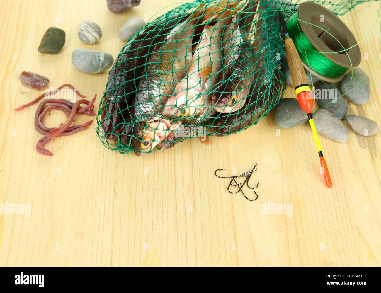 Poissons dans filet de pêche sur fond de bois Banque D'Images