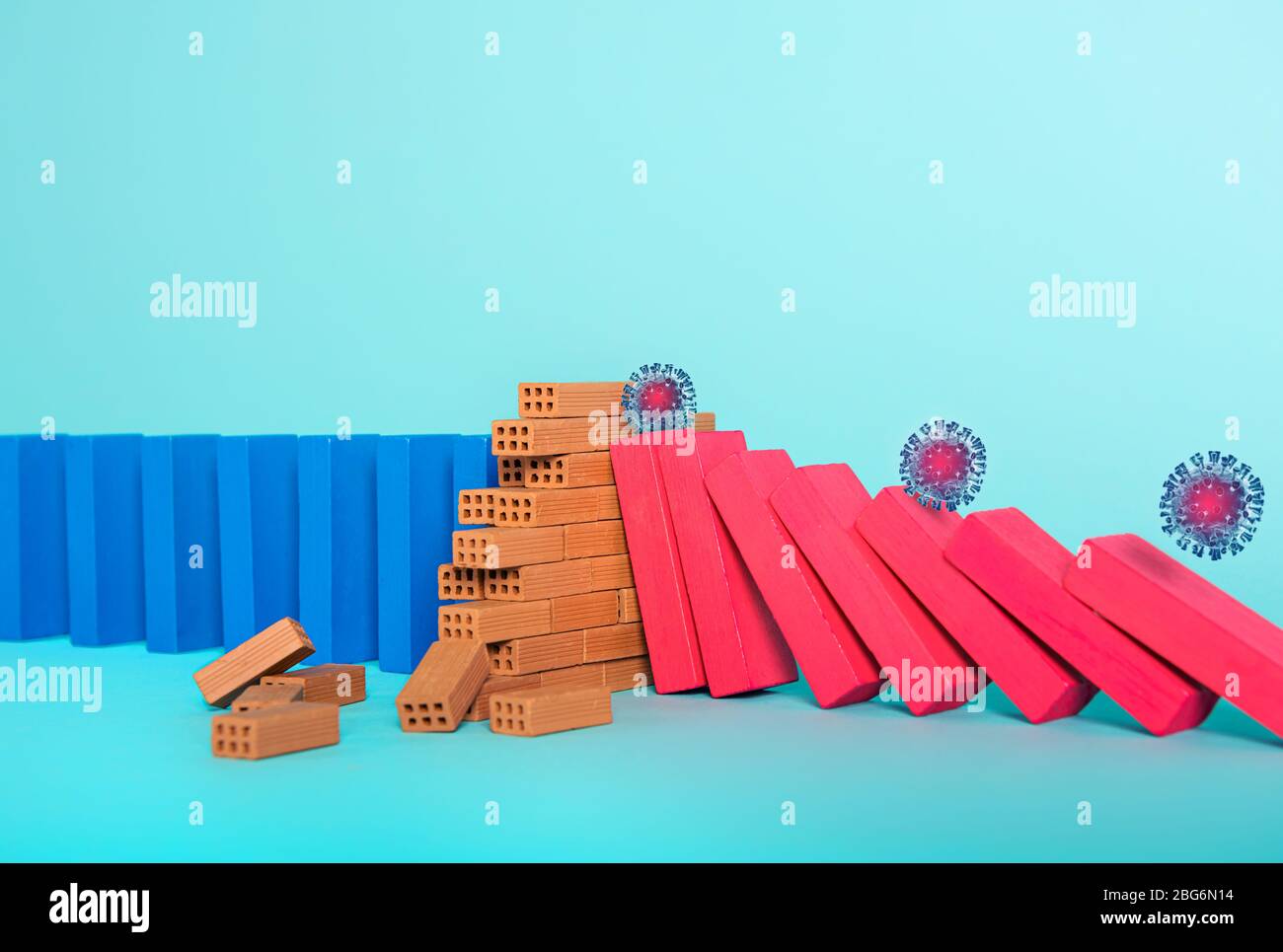 Concept de pandémie de coronavirus covid19 avec chaîne en chute libre comme un jeu domino. Contagion et progression de l'infection stoppées par un mur de brique. Cyan Banque D'Images