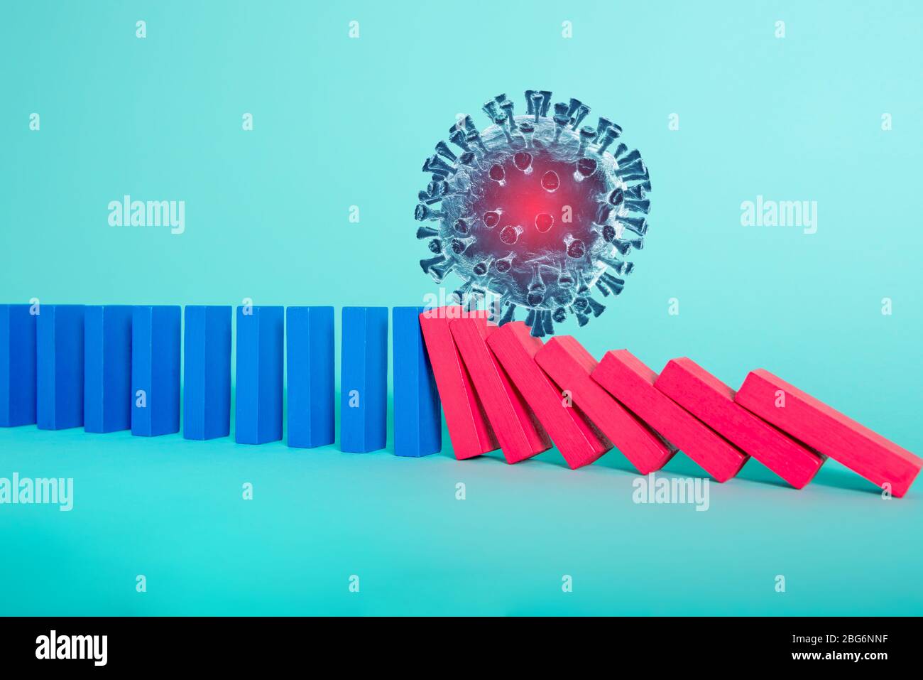 Concept de pandémie de coronavirus covid19 avec chaîne en chute libre comme un jeu domino. Contagion et progression de l'infection. Arrière-plan cyan Banque D'Images