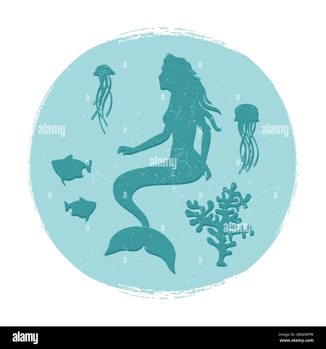 Étiquette de vie sous-marine vintage. Sirène et poissons, silhouettes de méduses. Illustration vectorielle Illustration de Vecteur