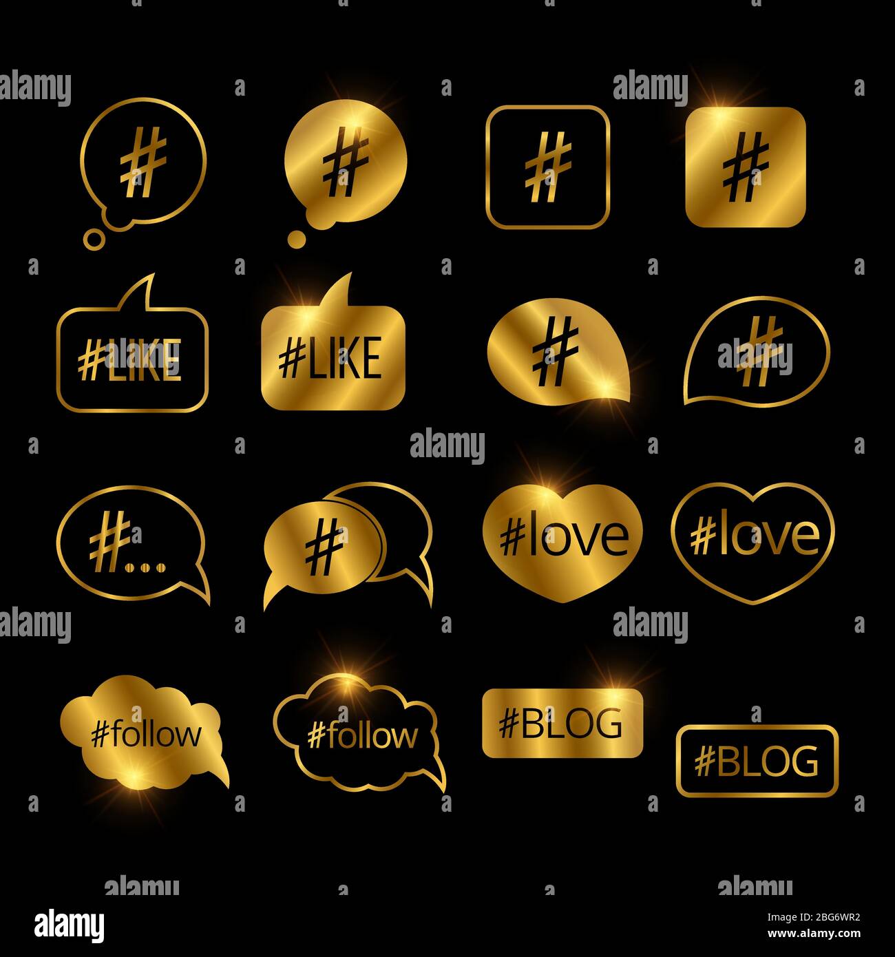 Les icônes vectorielles Golden haschtag post sur les réseaux sociaux apparaissent sur fond noir Illustration de Vecteur