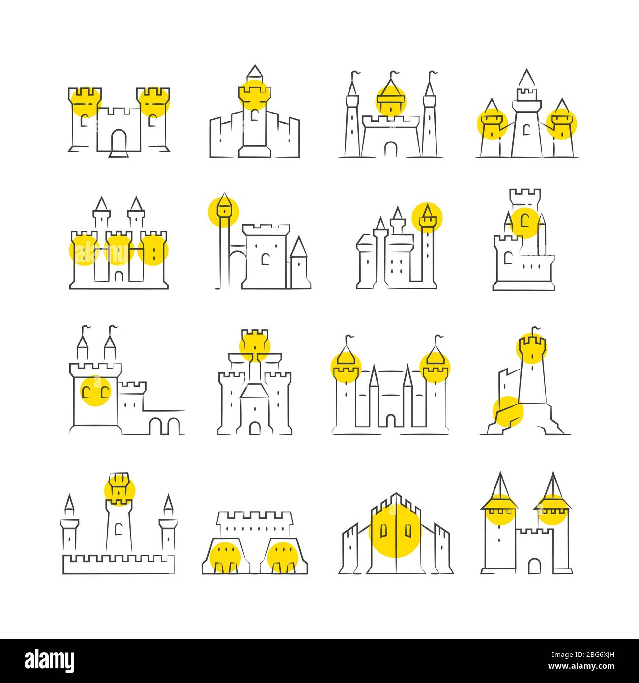 Esquissez des châteaux et des icônes de ligne de bastions avec des arrondis jaunes. Illustration vectorielle Illustration de Vecteur