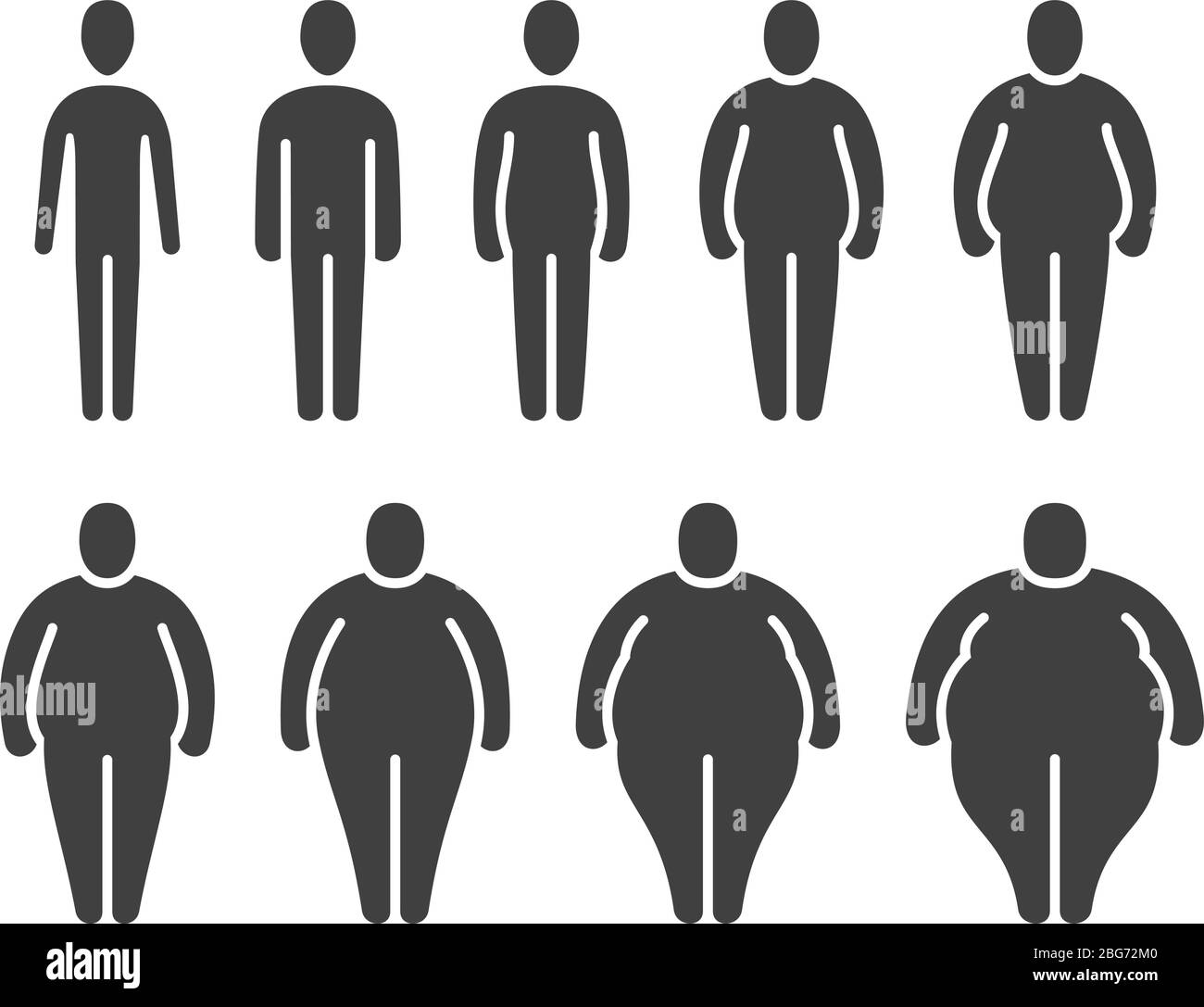 Figurines fines, normales, en surpoids de graisse. Différentes proportions de personnes corps. Icônes vectorielles de classification obèses isolées. Corps mince et ove Illustration de Vecteur