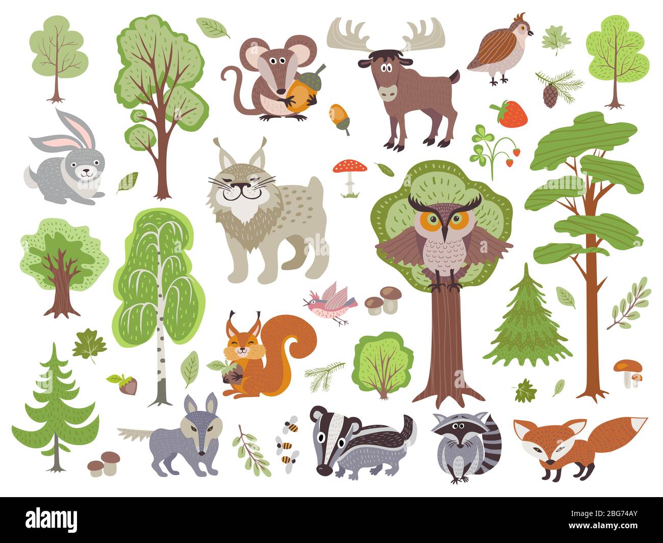 Grand ensemble d'oiseaux et d'arbres sauvages d'animaux de forêt. Forêt de dessins animés isolée sur fond blanc. Animal sauvage de forêt, oiseau et arbre, drôle lynx et rongeur. Illustration de Vecteur