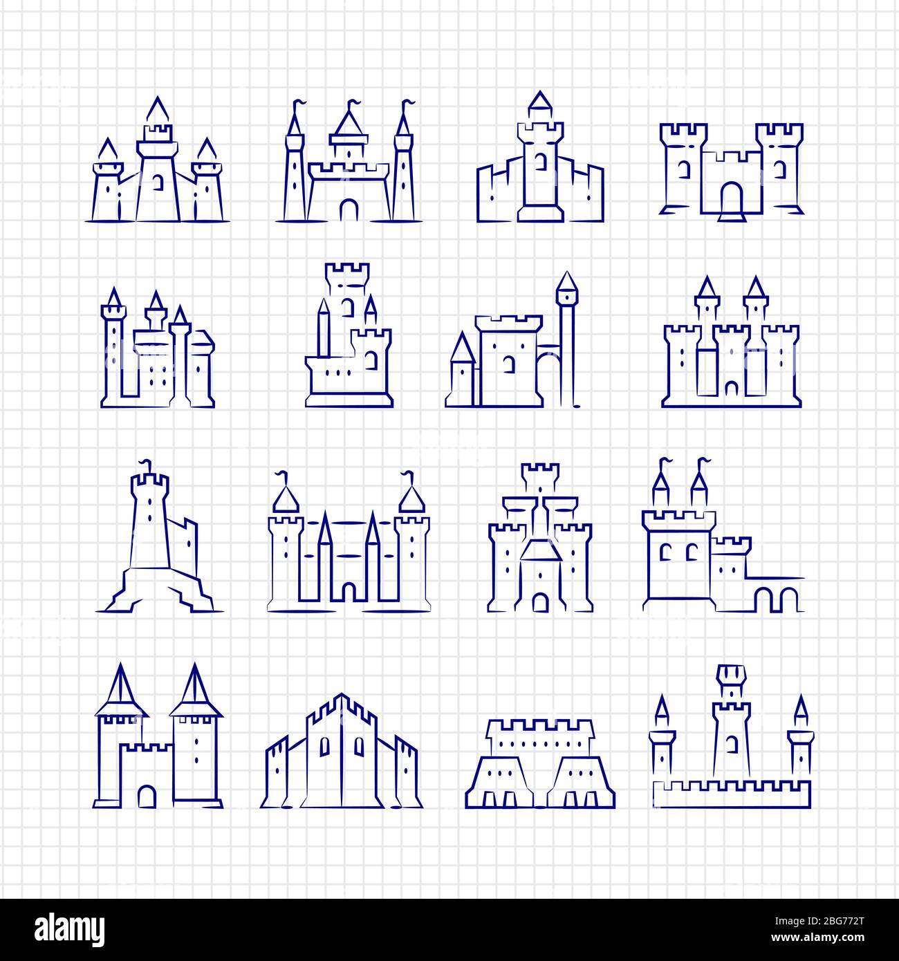 Croquis châteaux médiévaux sur la page bordée isolée . Illustration vectorielle Illustration de Vecteur