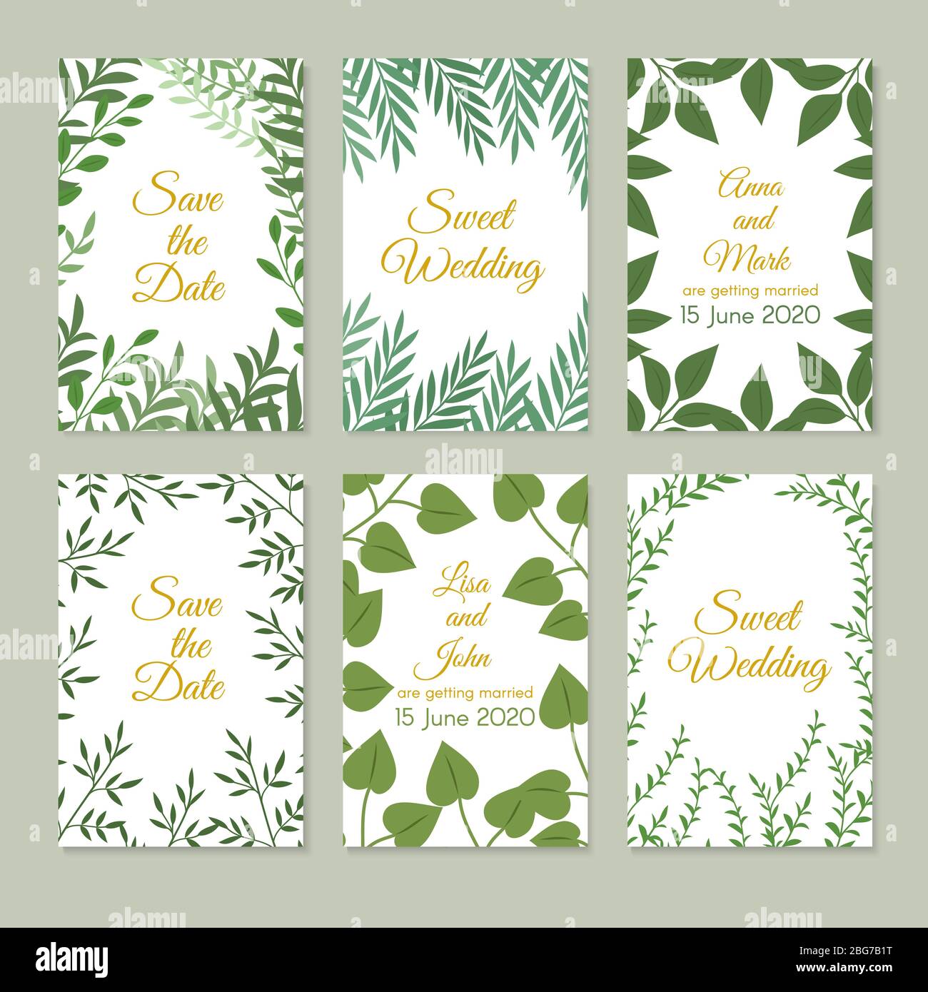Cartes d'invitation romantique à mariage avec décoration de jardin vert, feuilles et branches. Ensemble vectoriel d'art fleuri printanier. Affiche de feuilles fleuries, branche de la nature p Illustration de Vecteur Cartes d'invitation romantique à mariage avec décoration de jardin vert, feuilles et branches. Ensemble vectoriel d'art fleuri printanier. Affiche de feuilles fleuries, branche de la nature p Illustration de Vecteur