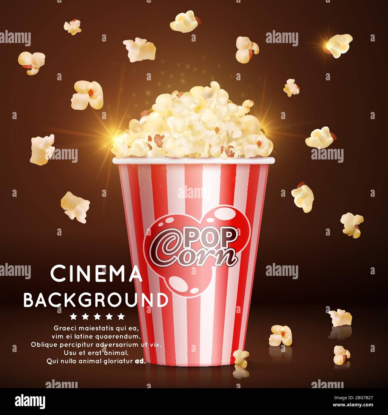 Arrière-plan de bannière cinéma avec un pop-corn vectoriel réaliste et une illustration d'effet brillant Illustration de Vecteur
