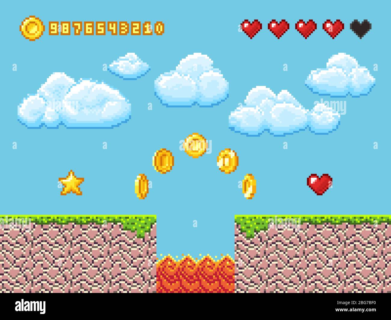 Paysage de jeu de pixels vidéo avec pièces d'or, nuages blancs et coeur rouge illustration vectorielle. Jeux et jeux vidéo, style de vie de divertissement d'activité Illustration de Vecteur