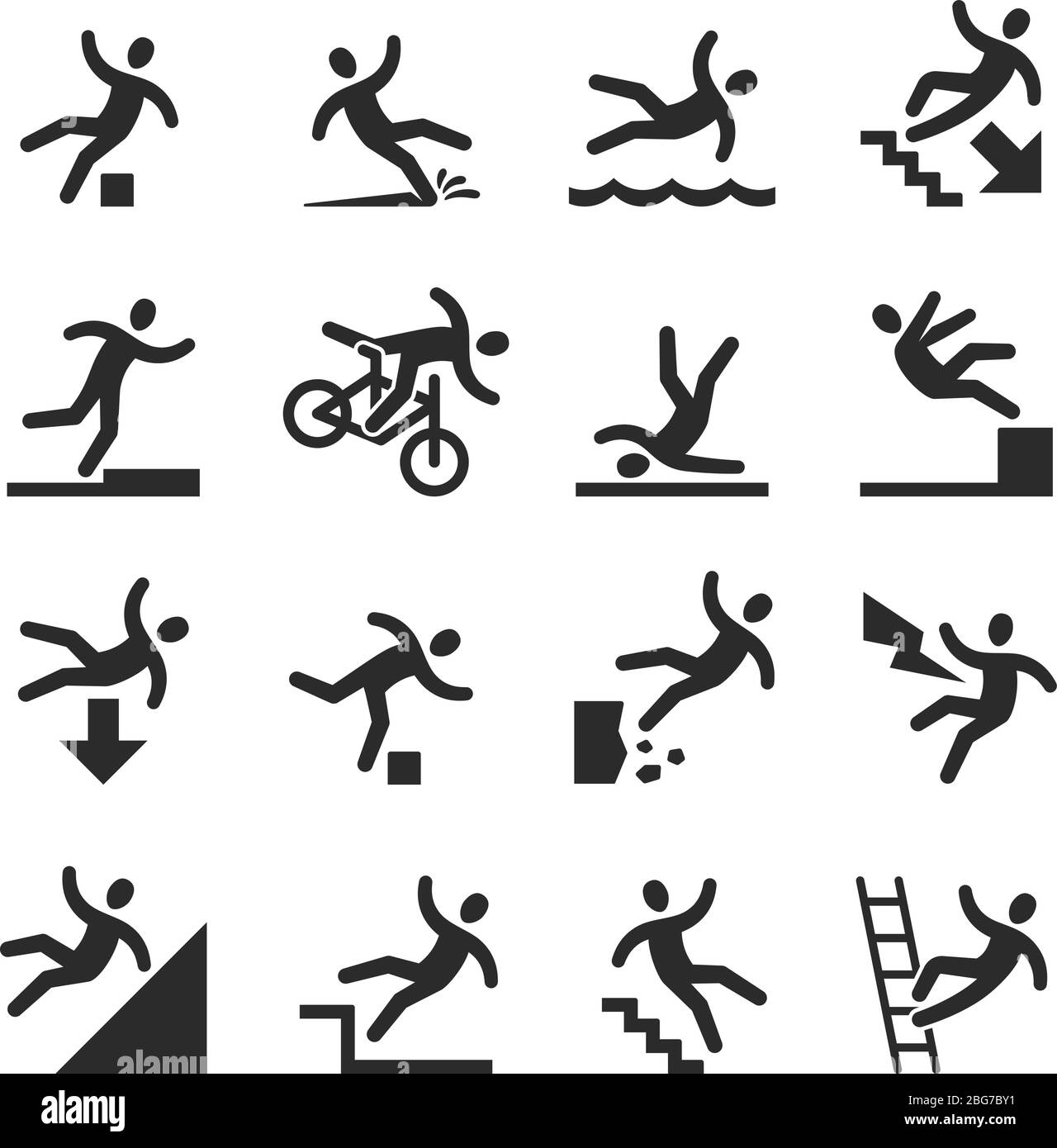 Le personnage du bras, homme, tombe attention, symboles d'avertissement de danger. Les signes de blessures corporelles au travail sont isolés. Illustration de la figure homme, accident et risque Illustration de Vecteur