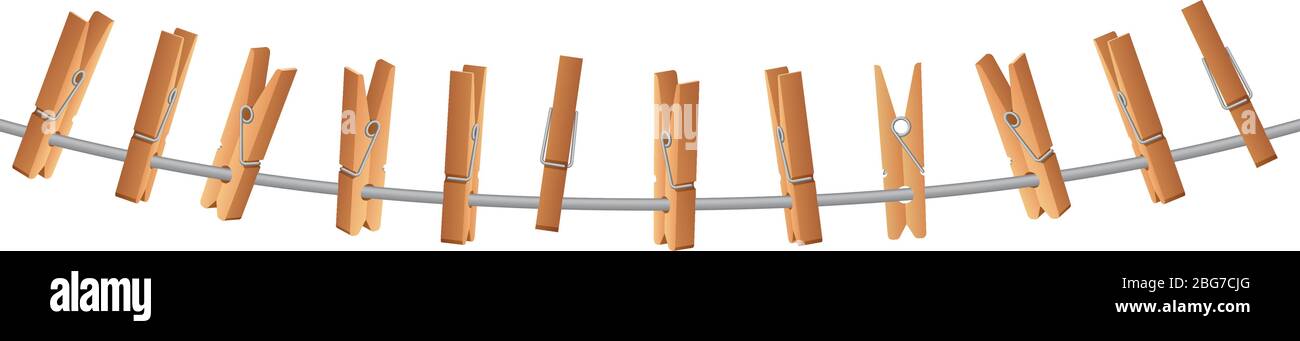 Clothesspin en bois sur la ligne de vêtements tenant l'illustration vectorielle de corde isolée sur fond blanc. Ligne de linge pour le ménage, broche de suspension ou cheville Illustration de Vecteur