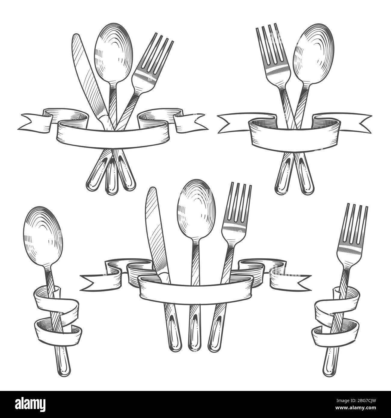 Couverts, couverts, ustensiles de table pour le dîner. Couteau, cuillère et  fourchette dans le jeu de dessin à main rétro en rubans de bannière.  Emblèmes vectoriels de cuisine. Ensemble de couverts RE