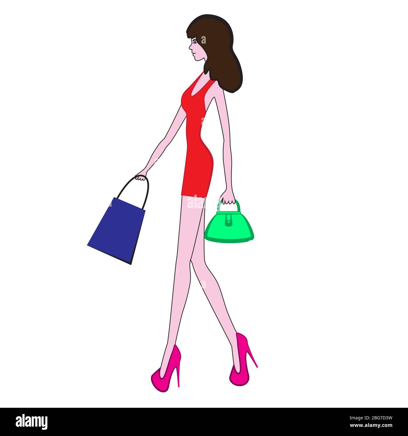 Une fille avec de longues jambes tient des sacs de shopping dans ses mains. Illustration de Vecteur
