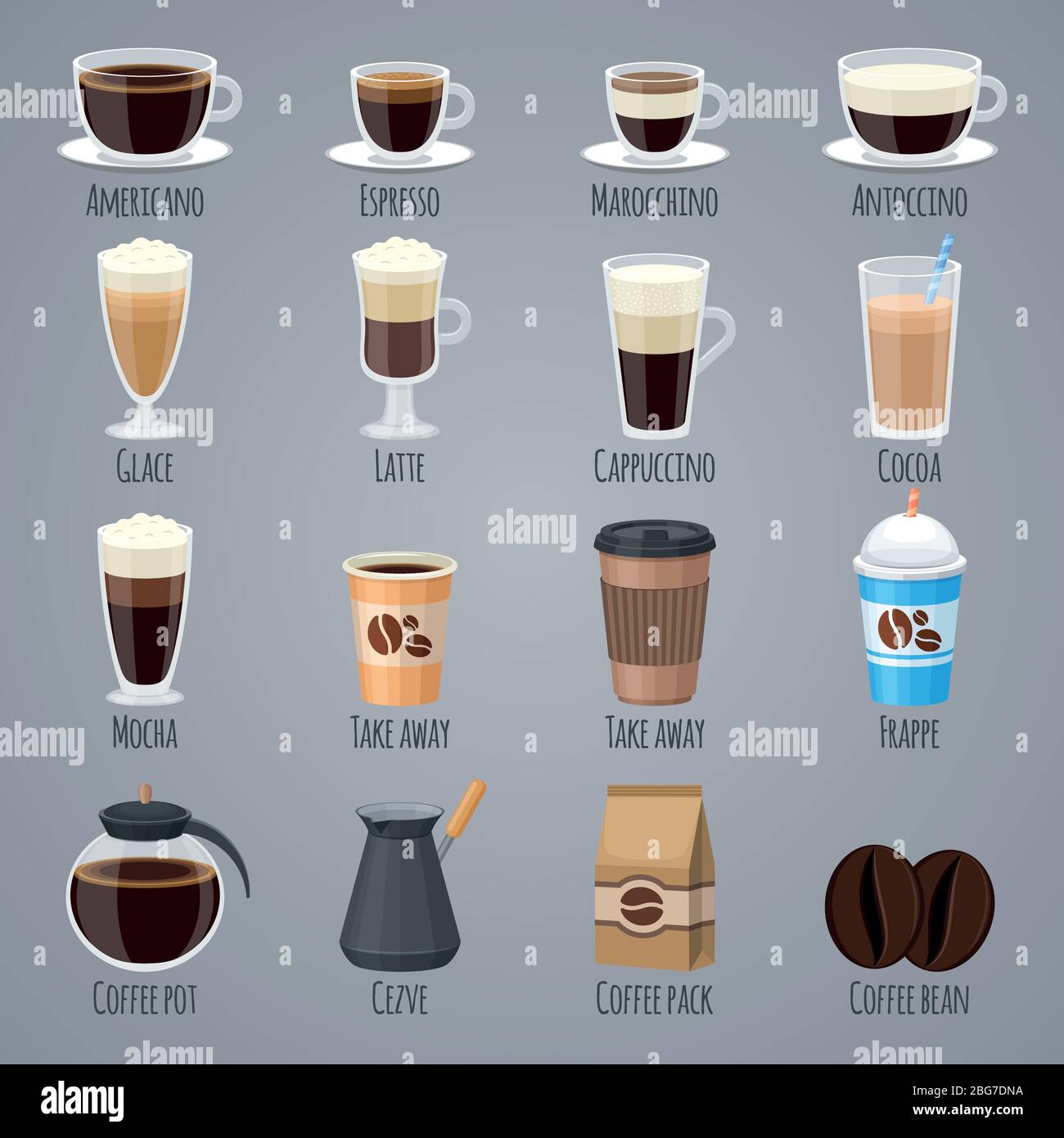 Espresso, latte, cappuccino dans les verres et les tasses. Types de café pour le menu de la maison de café. Les icônes vectorielles plates définissent la boisson, l'arôme de caféine du matin illu Illustration de Vecteur