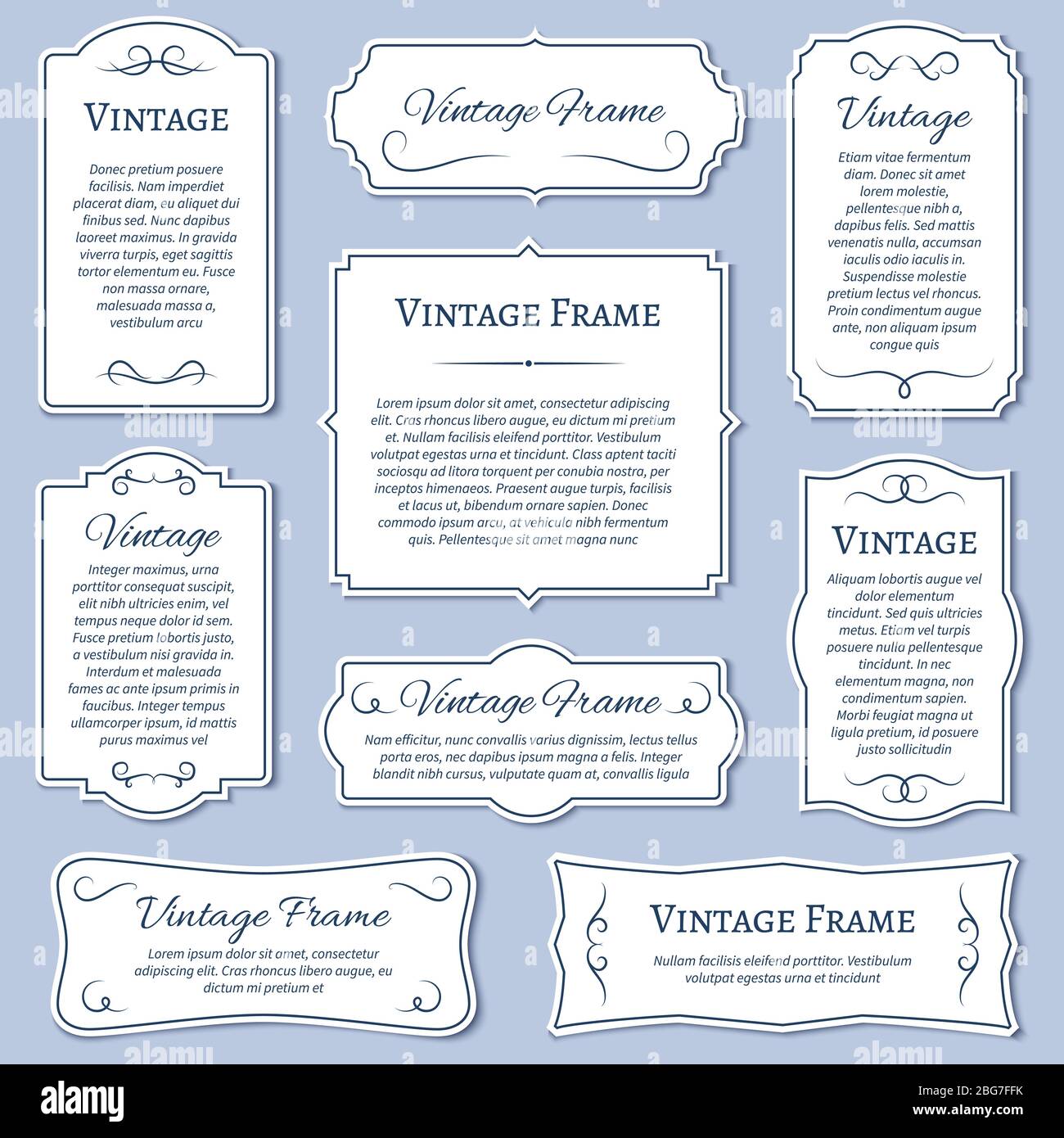 Étiquettes de cadre vintage avec jeu vectoriel de séparateurs de texte calligraphiques. Bannière ou affiche de bordure classique pour invitation ou illustration de menu Illustration de Vecteur