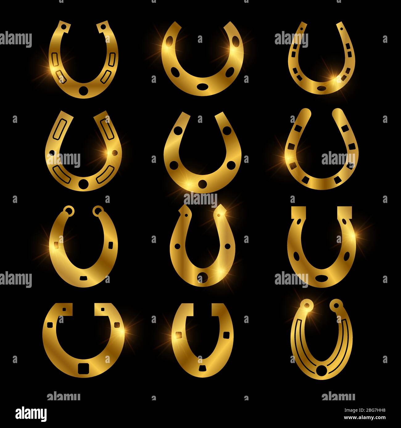 Icônes vectorielles dorées brillantes, symboles chanceux isolés sur l'illustration noire Illustration de Vecteur