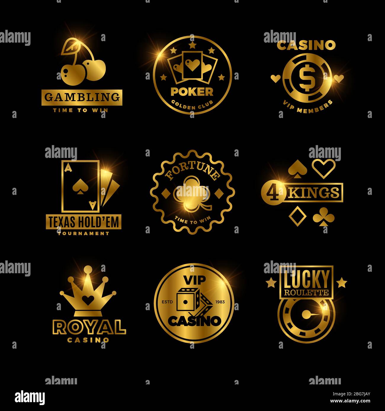 Jeux d'or, casino, tournoi royal de poker, étiquettes vectorielles de roulette, emblèmes, logos et badges. Gagnez la carte de poker de jeu, emblème de jeu lustré Illustration de Vecteur