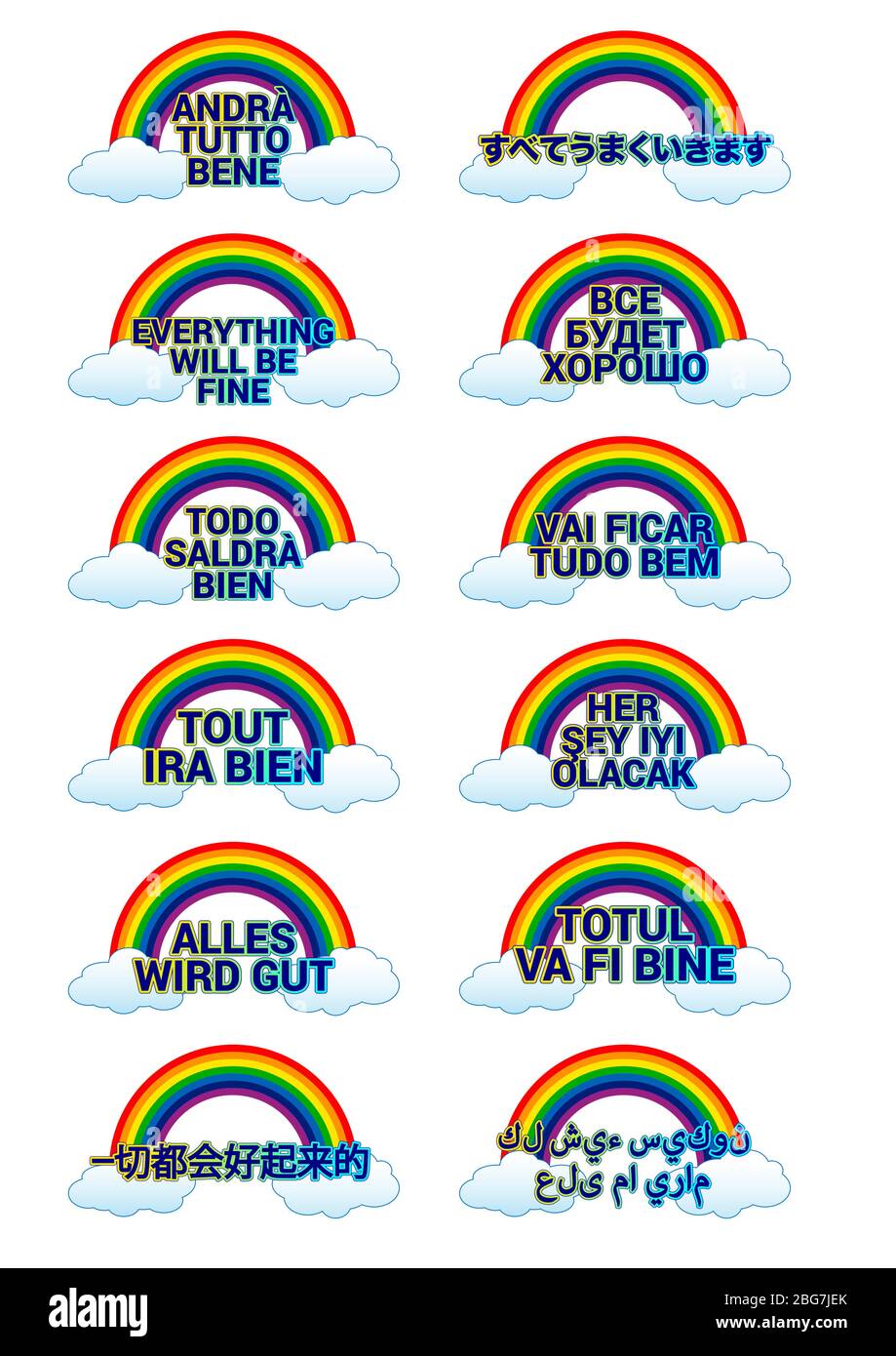 Rainbow symbole de l'espoir, symbole de la lutte contre le virus, dans de nombreuses langues du monde, tout va bien Illustration de Vecteur