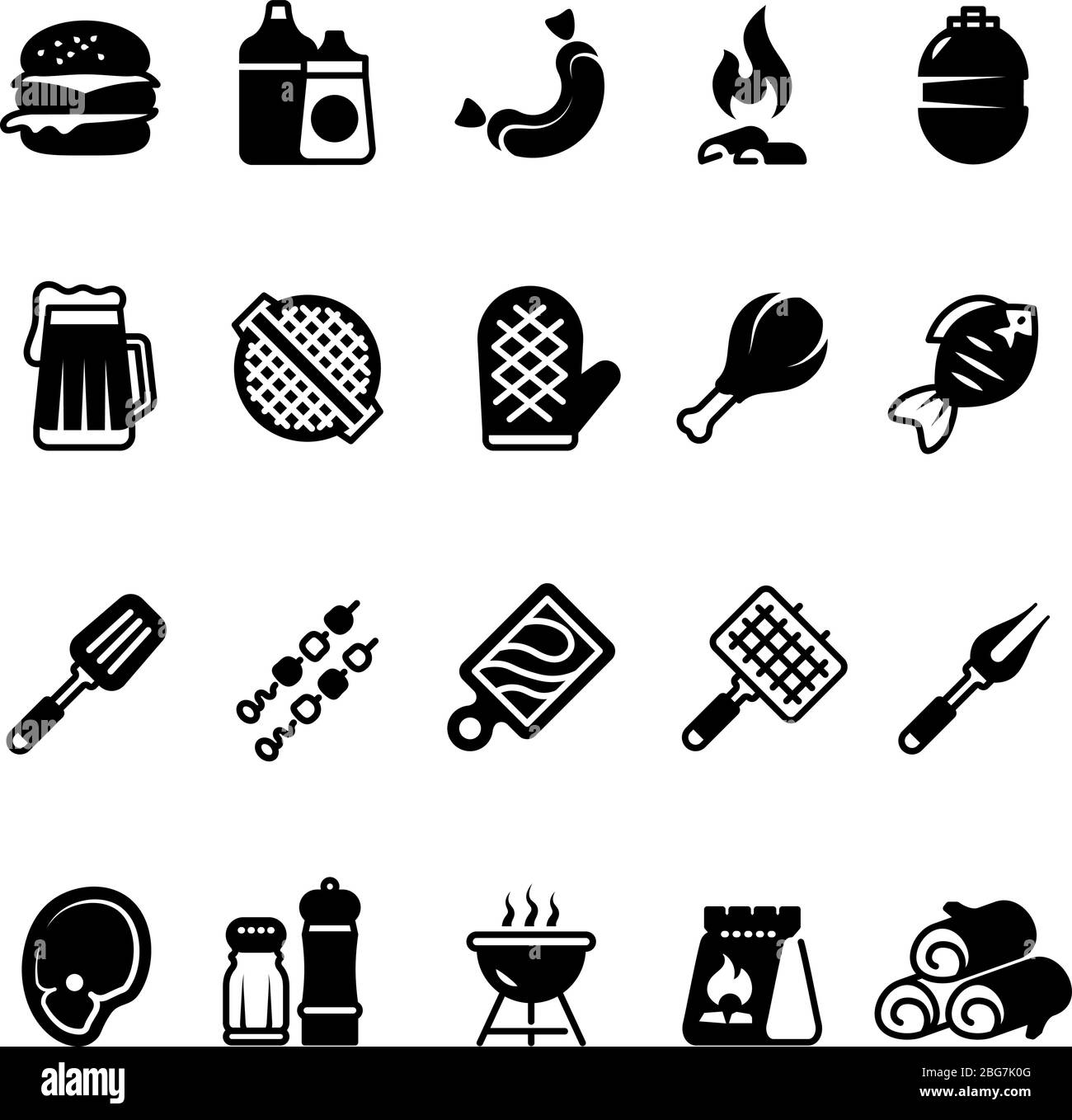 Grille des icônes de cuisine extérieure. barbecue familial, symboles pique-nique d'été. Pictogrammes isolés pour barbecue de viande et de légumes. Barbecue grill et steak de viande barbecue, vecteur Illustration de Vecteur