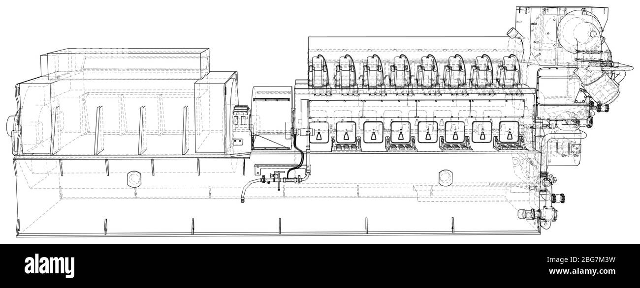 Générateur de diesel de secours industriel haute tension à une génération d'énergie. Les calques de lignes visibles et invisibles sont séparés. Format EPS10. Fil-f Illustration de Vecteur