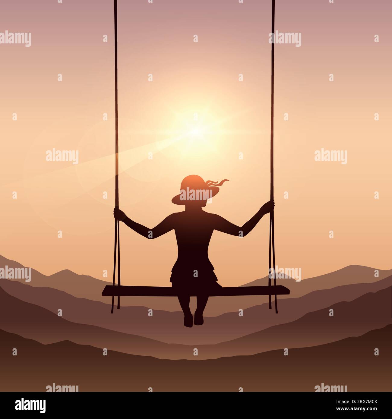 Jolie fille sur un swing sur fond brun de montagne dans l'illustration vectorielle d'été EPS10 Illustration de Vecteur