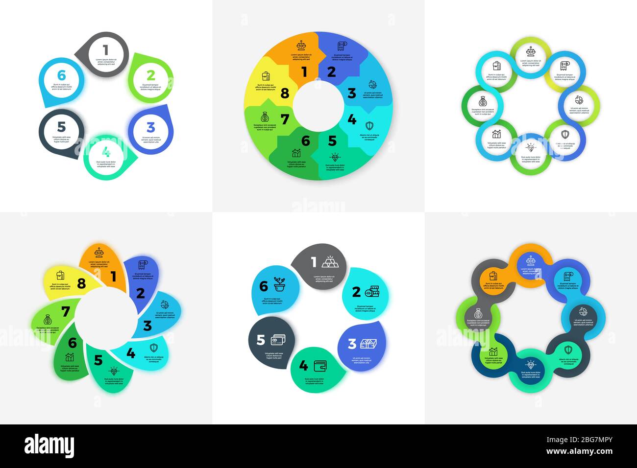 Infographie circulaire, graphique, diagramme, modèle vectoriel de flux de travail de processus. Graphique de Business Pie avec 3 4 5 6 7 8 options, sections, étapes. Disposition circulaire Illustration de Vecteur
