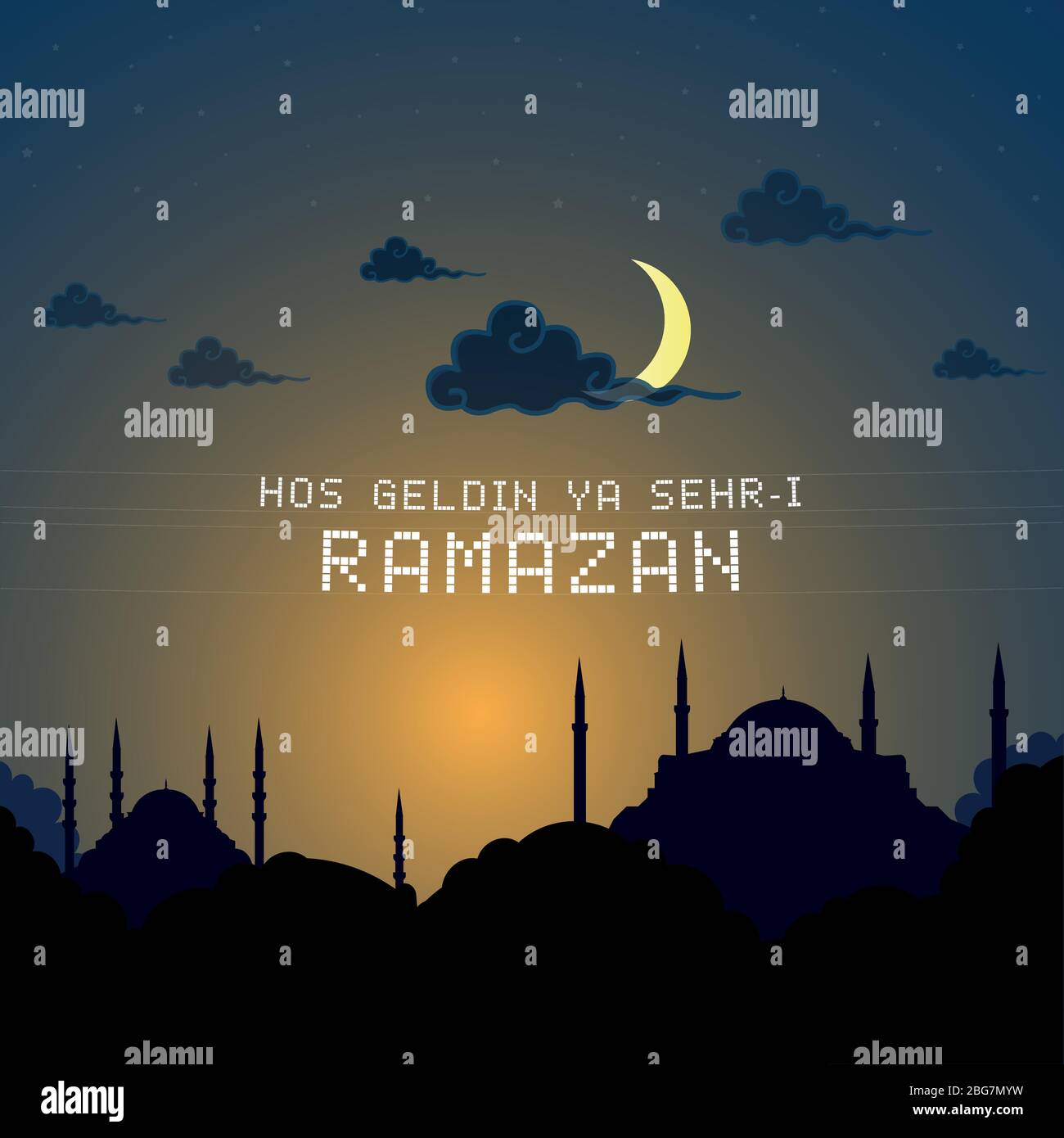 Bienvenue mois du Ramadan (turc Hosseldin ya Sehri Ramazan), étude vectorielle sur la silhouette d'istanbul de la Mosquée bleue Illustration de Vecteur