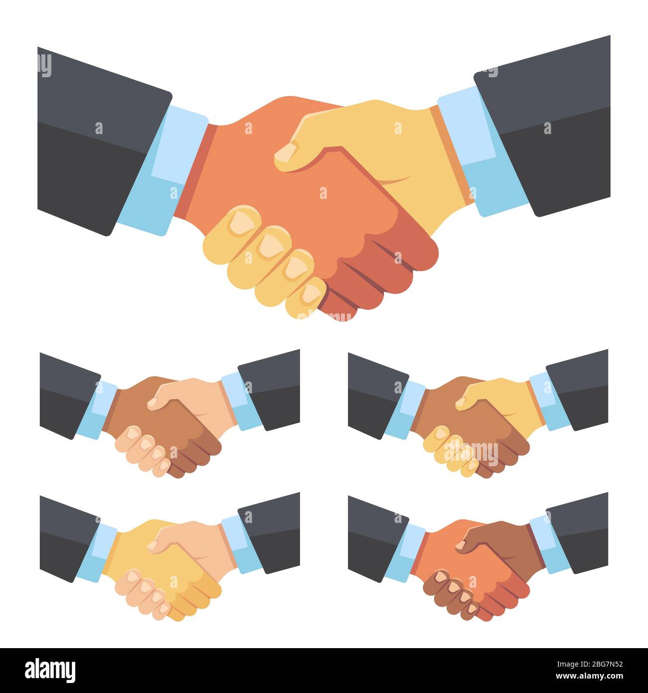 Poignée de main d'hommes d'affaires de différentes courses. Équipe commerciale, accord et concept de concept plat vectoriel Big Deal. Illustration de partenariat de la main noire et blanche Illustration de Vecteur