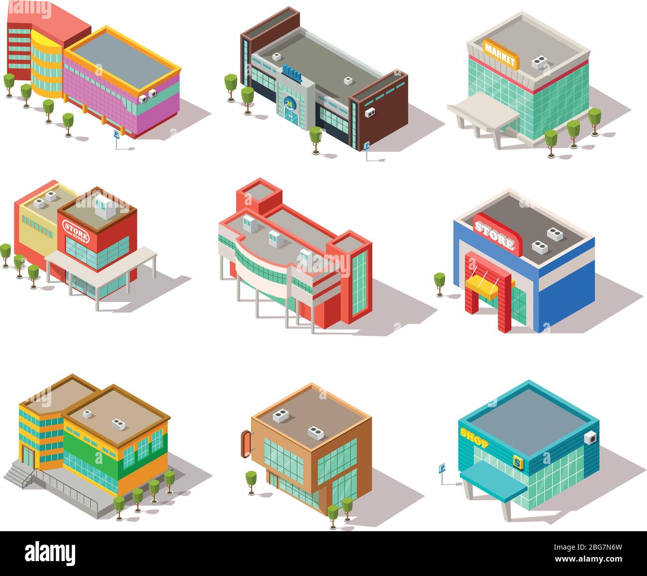 Centre commercial isométrique, magasins, magasins et supermarchés. Ensemble isolé d'architecture de ville vectorielle. Illustration de la façade en relief du bâtiment Illustration de Vecteur