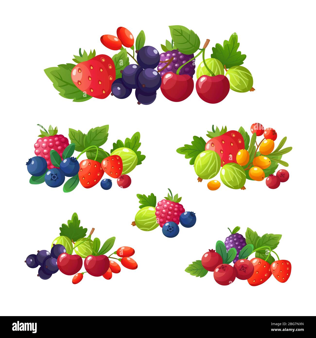 Baies fraîches d'été. Ensemble vectoriel de dessin animé fraise, mûre, myrtille, cerise et framboise. Fruits sucré alimentaire, illustration de la vitamine de baies Illustration de Vecteur