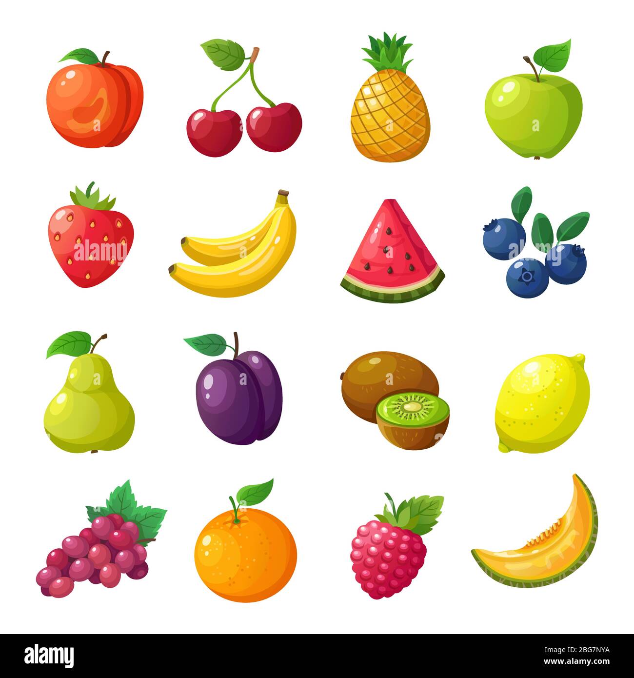 Fruits et baies de dessin animé. Ensemble vectoriel isolé de pomme de pastèque à base de mandarine de poire de melon. Pêche et cerise, ananas et pomme, pastèque et interdiction Illustration de Vecteur