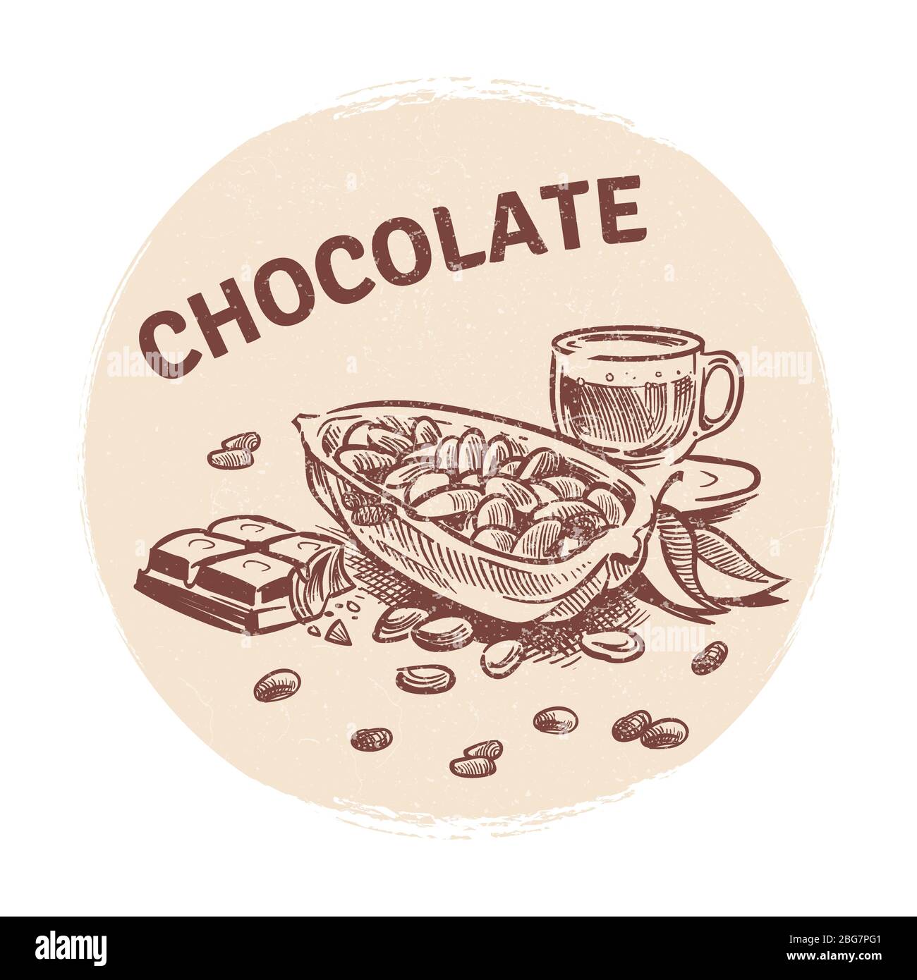 Emblème de chocolat vectoriel à dessin à la main avec barre de chocolat, fèves de cacao et illustration de tasse Illustration de Vecteur