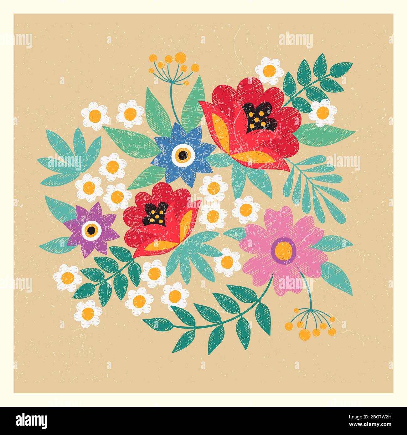 Modèle de carte postale vintage avec fleurs et feuilles et effet grunge. Illustration vectorielle Illustration de Vecteur