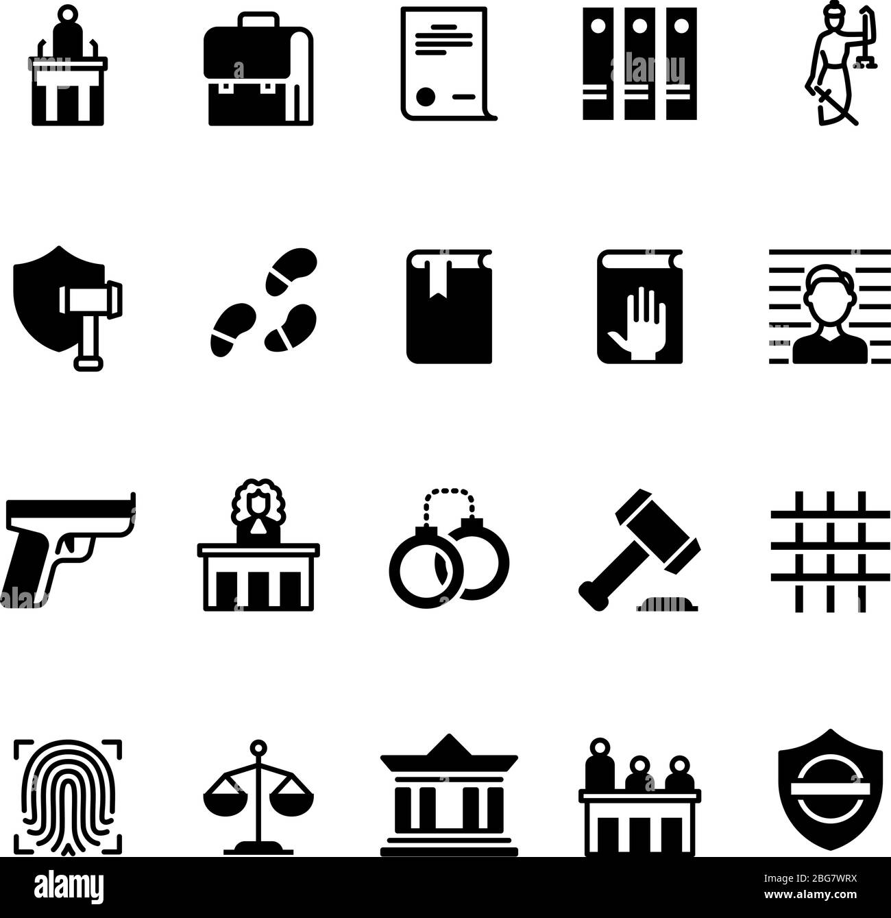 Icônes de droit et de justice. Législation et cour, juge et avocat. Symboles isolés de silhouette vectorielle de police criminelle. Droit et jugement, Equilibre bala Illustration de Vecteur