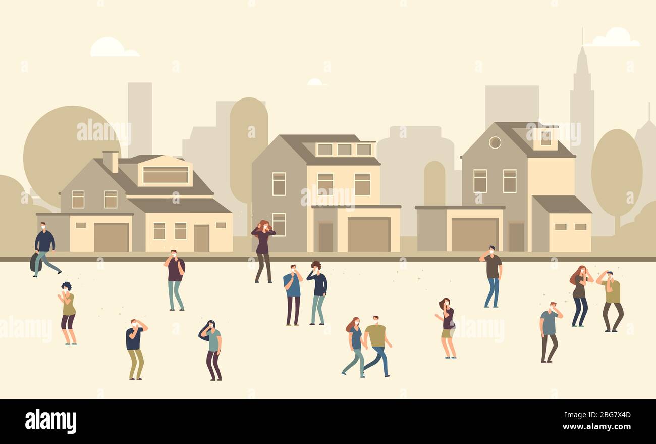 Personnes dans un masque antipoussière. Hommes et femmes souffrant de poussière dans le paysage urbain. Illustration vectorielle. Pollution smog de l'industrie, radioactif malsain Illustration de Vecteur