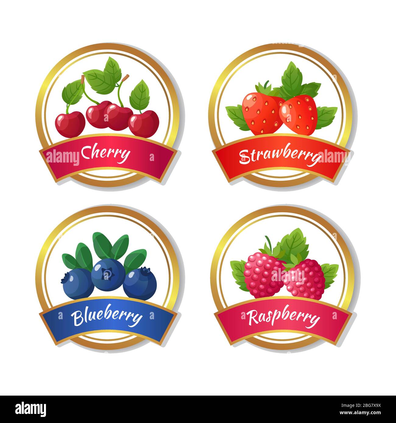 Étiquettes de confiture de baies et de marmelade. Des autocollants de fruits frais d'été sont des modèles vectoriels. Emblème de confiture naturel illustration de fraise et de framboise Illustration de Vecteur