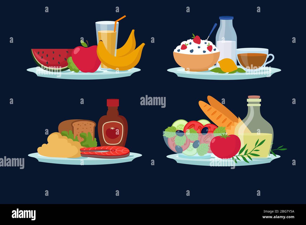 Repas de régime quotidien, nourriture saine pour le petit déjeuner, déjeuner, dîner dessins animés icônes vectorielles. Repas sain avec illustration de légumes et de fruits Illustration de Vecteur