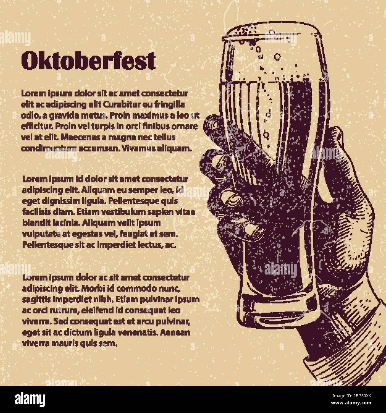 Main avec verre de bière. Motif bannière et affiche de l'oktoberfest dessinés à la main avec effet grunge. Illustration vectorielle Illustration de Vecteur