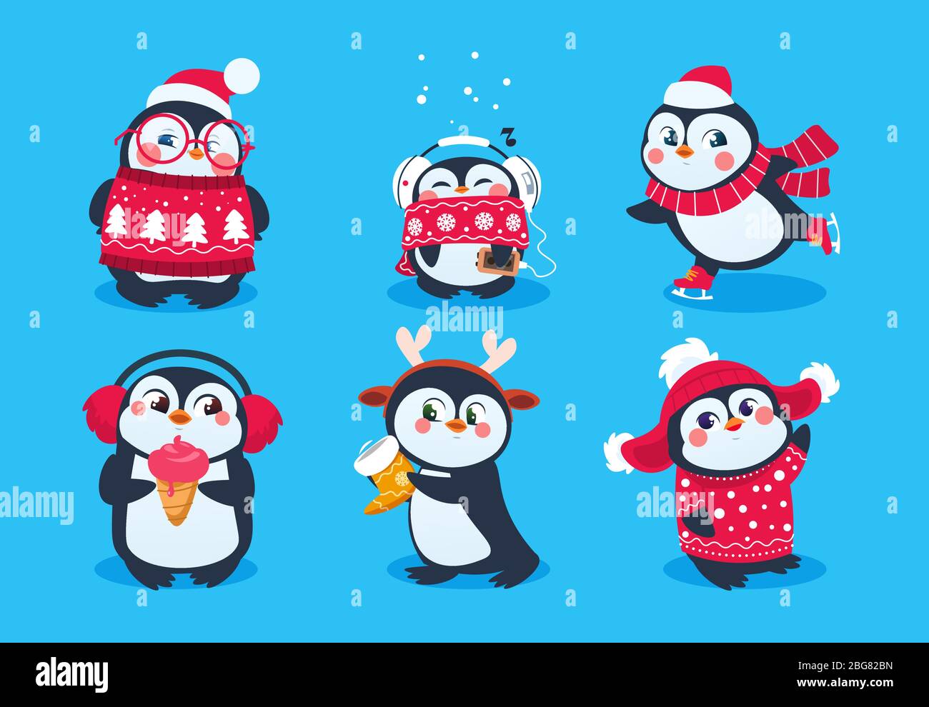 Pingouin de Noël. Des animaux rigoles, de jolis petits pingouins personnages de dessin animé en hiver chapeau. Ensemble vectoriel isolé de péchots polaires dans le foulard rouge et l'illustration du chapeau Illustration de Vecteur