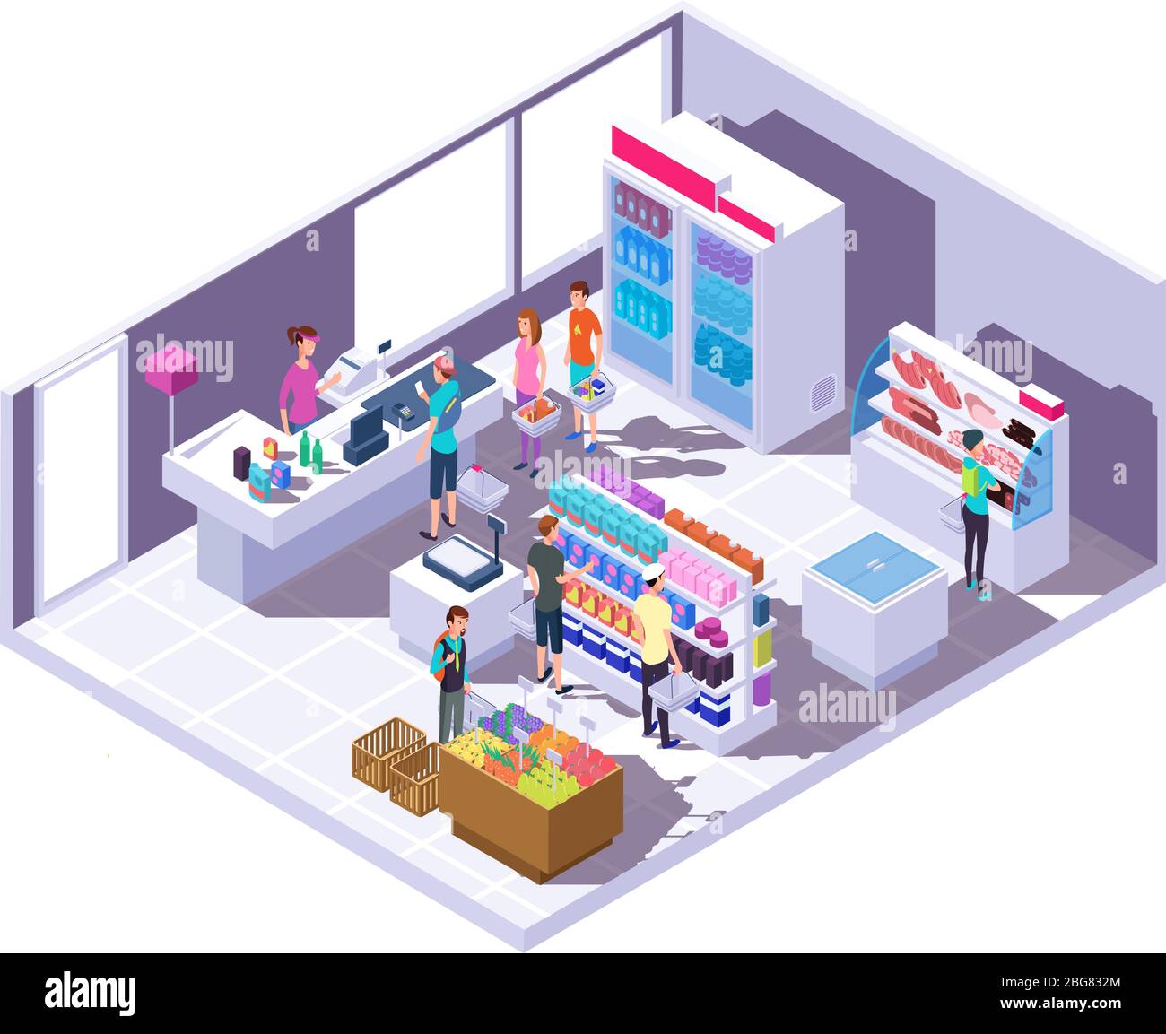 Intérieur de l'épicerie isométrique. Intérieur de supermarché avec des gens du shopping et de la nourriture sur les étagères et le réfrigérateur. illustration vectorielle en 3 dimensions. Marché intérieur isométrie avec les gens et la nourriture Illustration de Vecteur